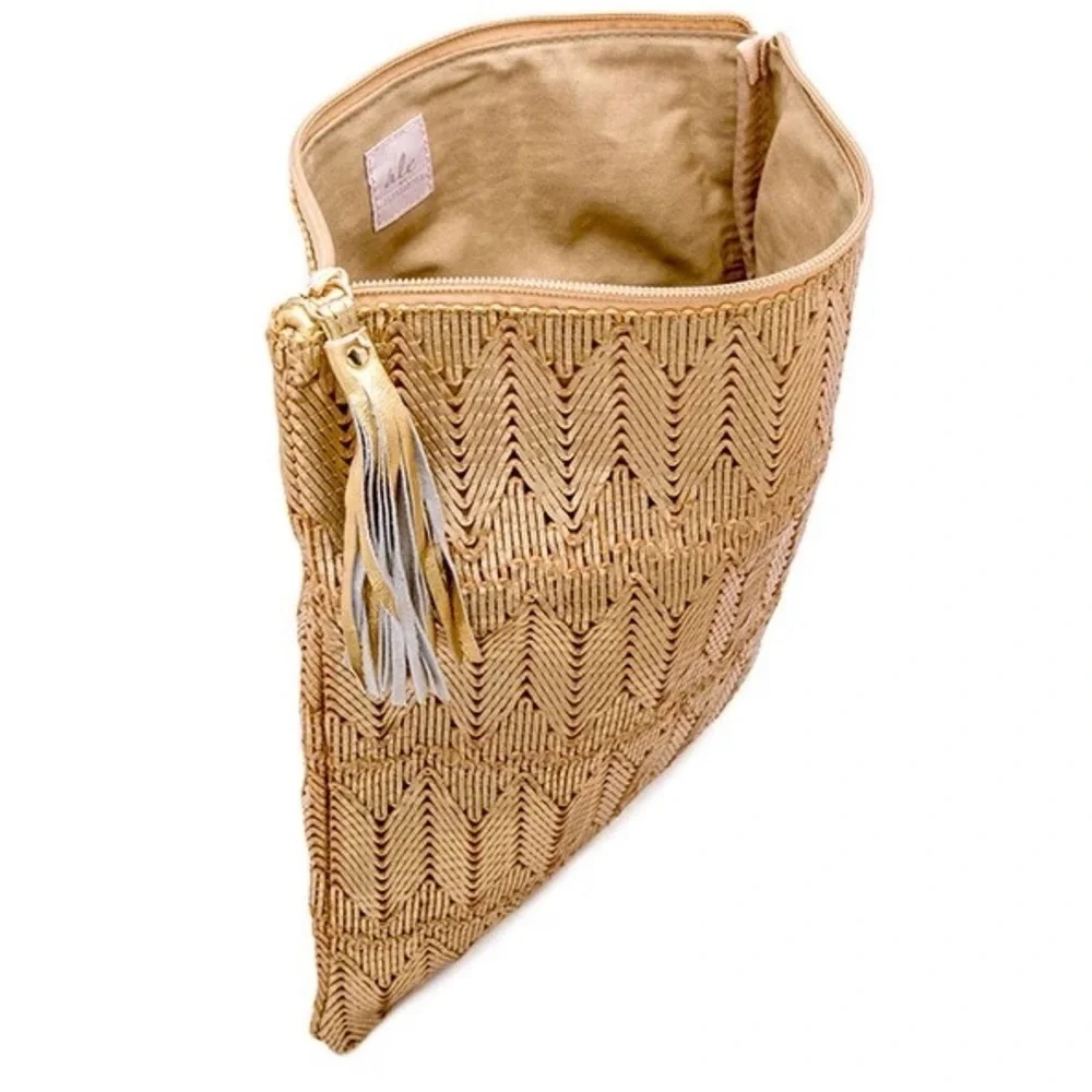 Ale By Alessandra La Pluma Gold Woven Clutch Purse Bag